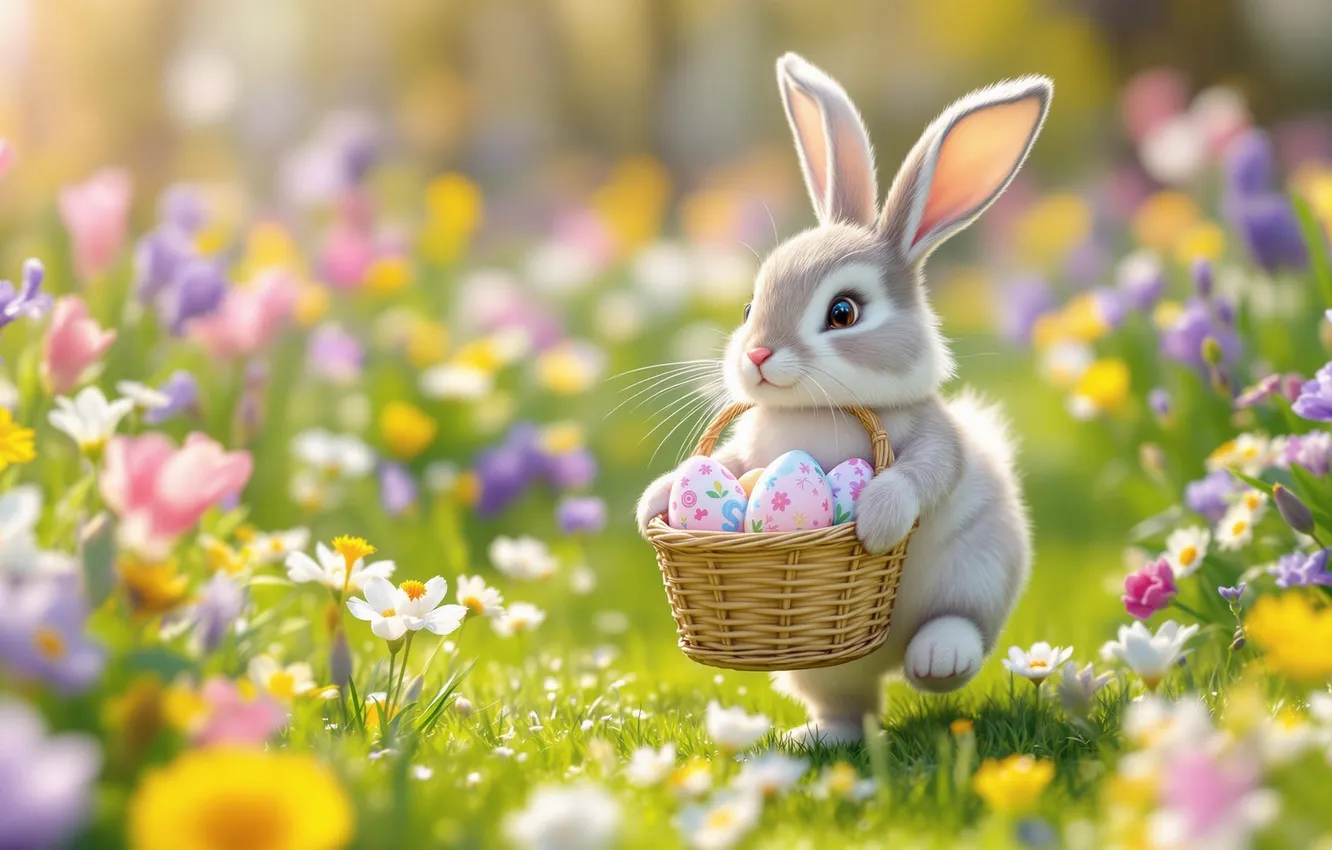 Photo wallpaper light, flowers, yellow, grey, holiday, glade, eggs, spring