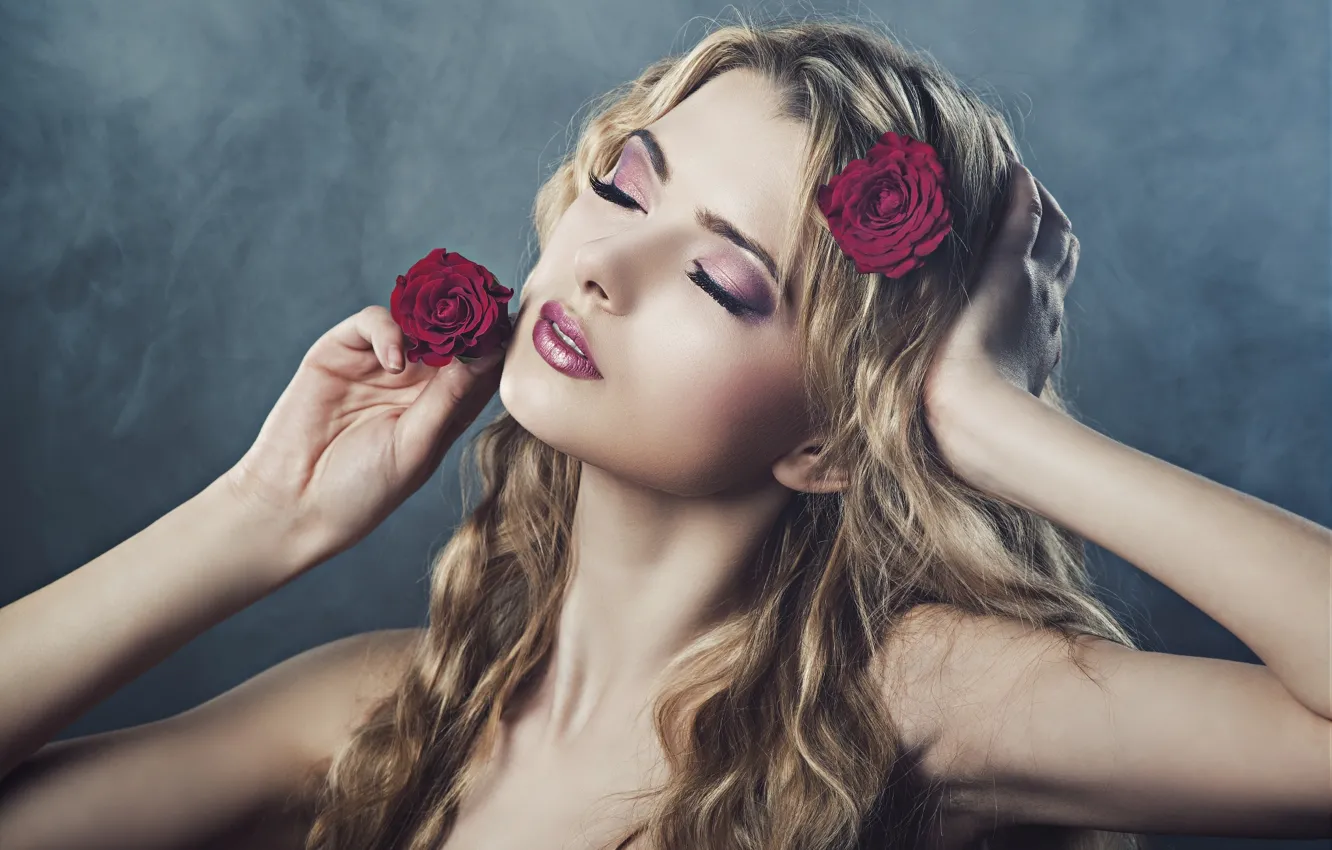 Photo wallpaper girl, flowers, sexy, makeup, lips, photographer, face, charming