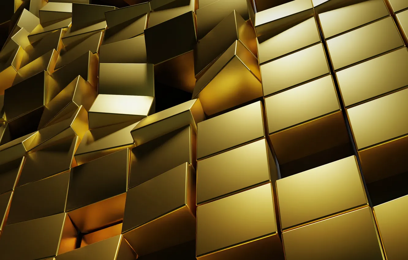 Photo wallpaper wall, destruction, wall, computer graphics, destruction, computer graphics, golden 3D cubes, golden 3d cubes