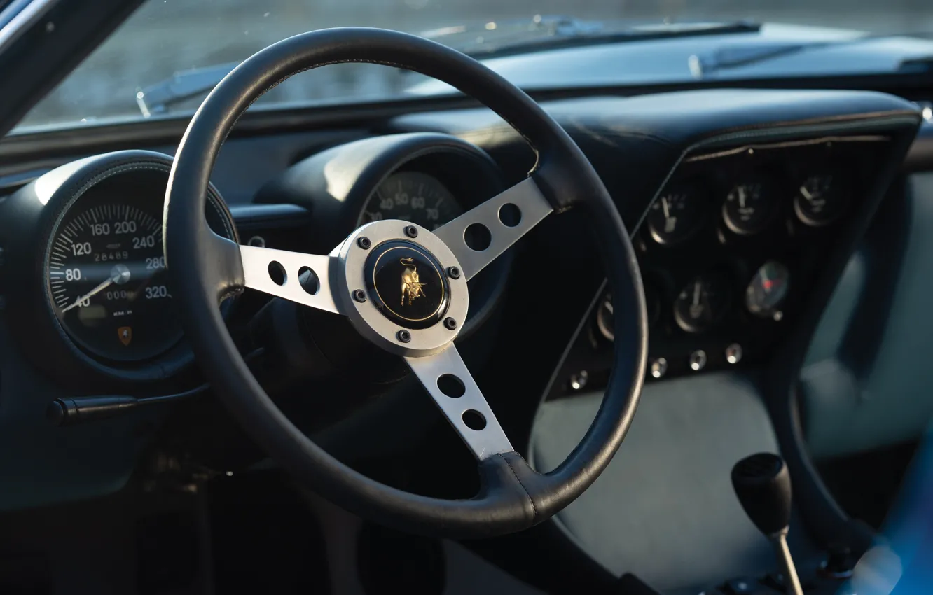 Photo wallpaper Lamborghini, 1971, logo, Miura, steering wheel, Lamborghini Miura P400 SV