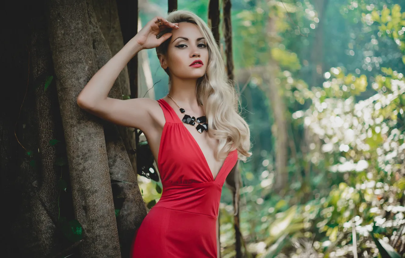 Photo wallpaper forest, girl, pose, makeup, figure, red dress