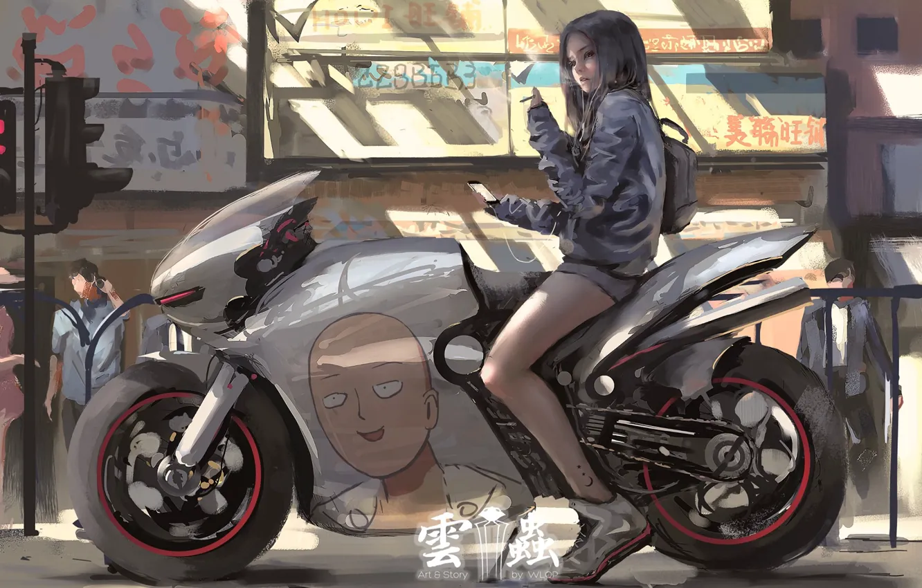 Photo wallpaper girl, people, motorcycle, Saitama, Wlop, Vanpatten