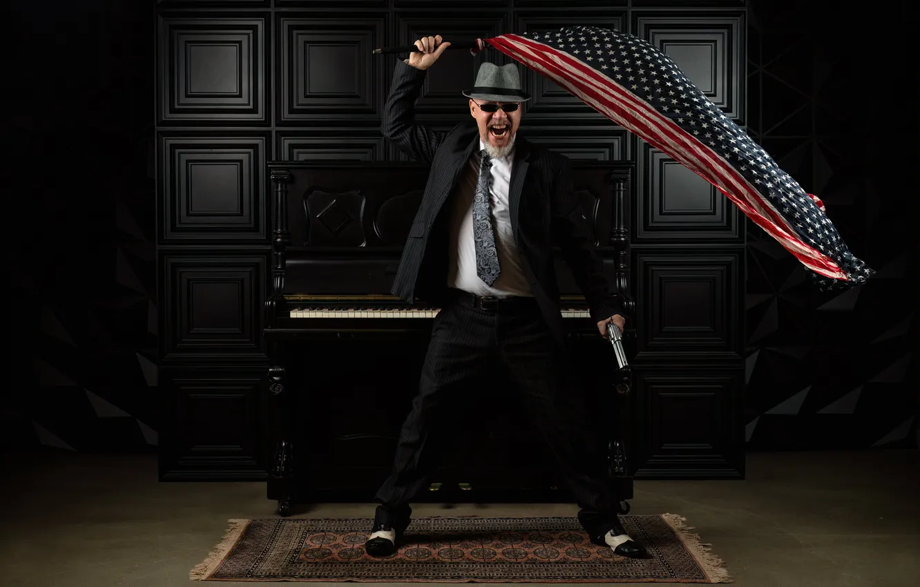 Photo wallpaper man, hat, flag, glasses, costume, revolver