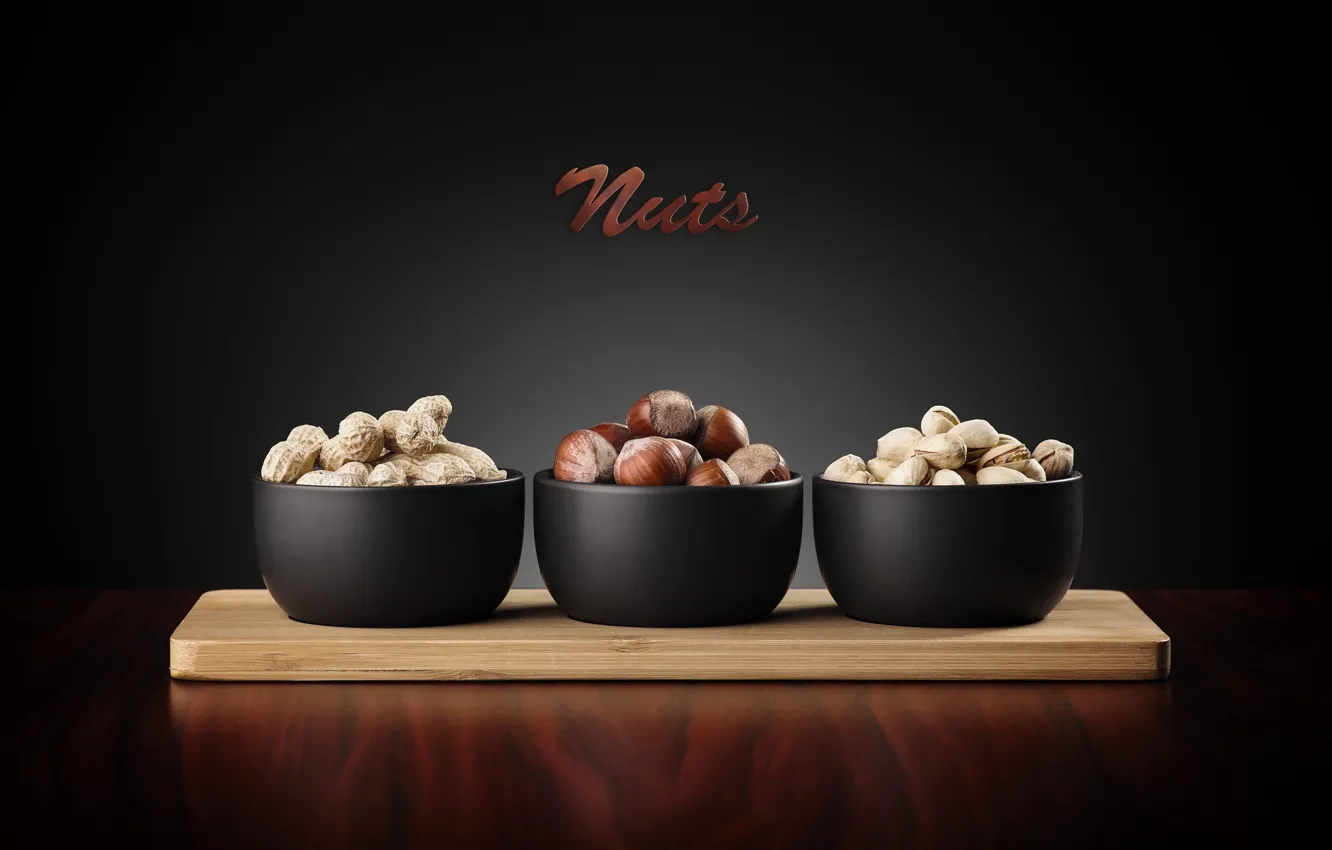 Photo wallpaper nuts, wood, hazelnuts, nuts, peanuts, pistachios, cutting Board