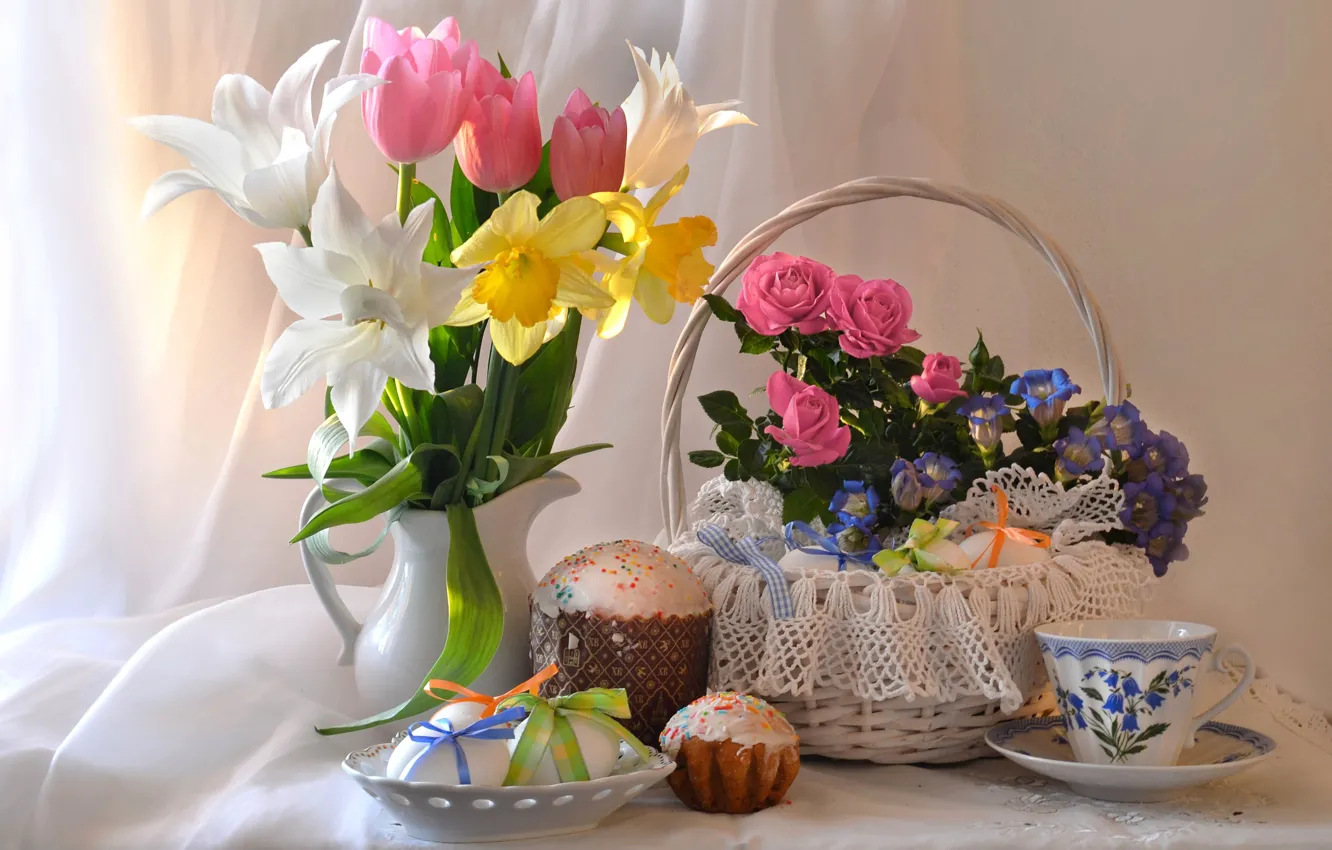 Photo wallpaper flowers, roses, eggs, Easter, tulips, cake, daffodils