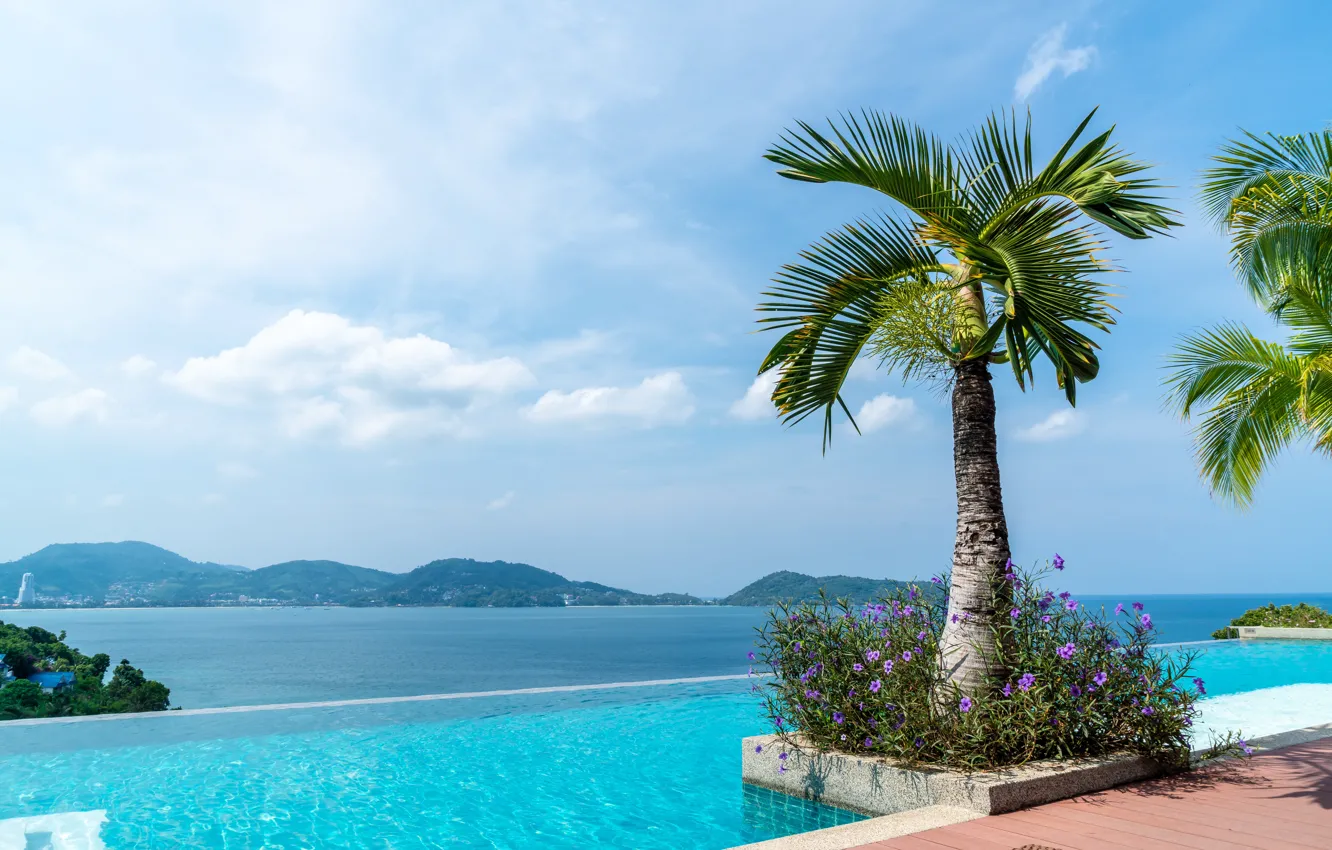 Photo wallpaper sand, sea, beach, summer, the sky, the sun, palm trees, shore