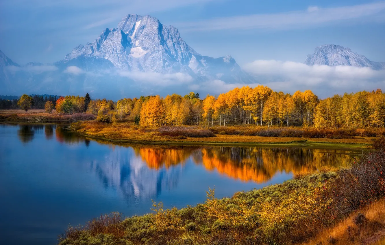 Photo wallpaper autumn, the sky, clouds, mountains, river, forest, North America