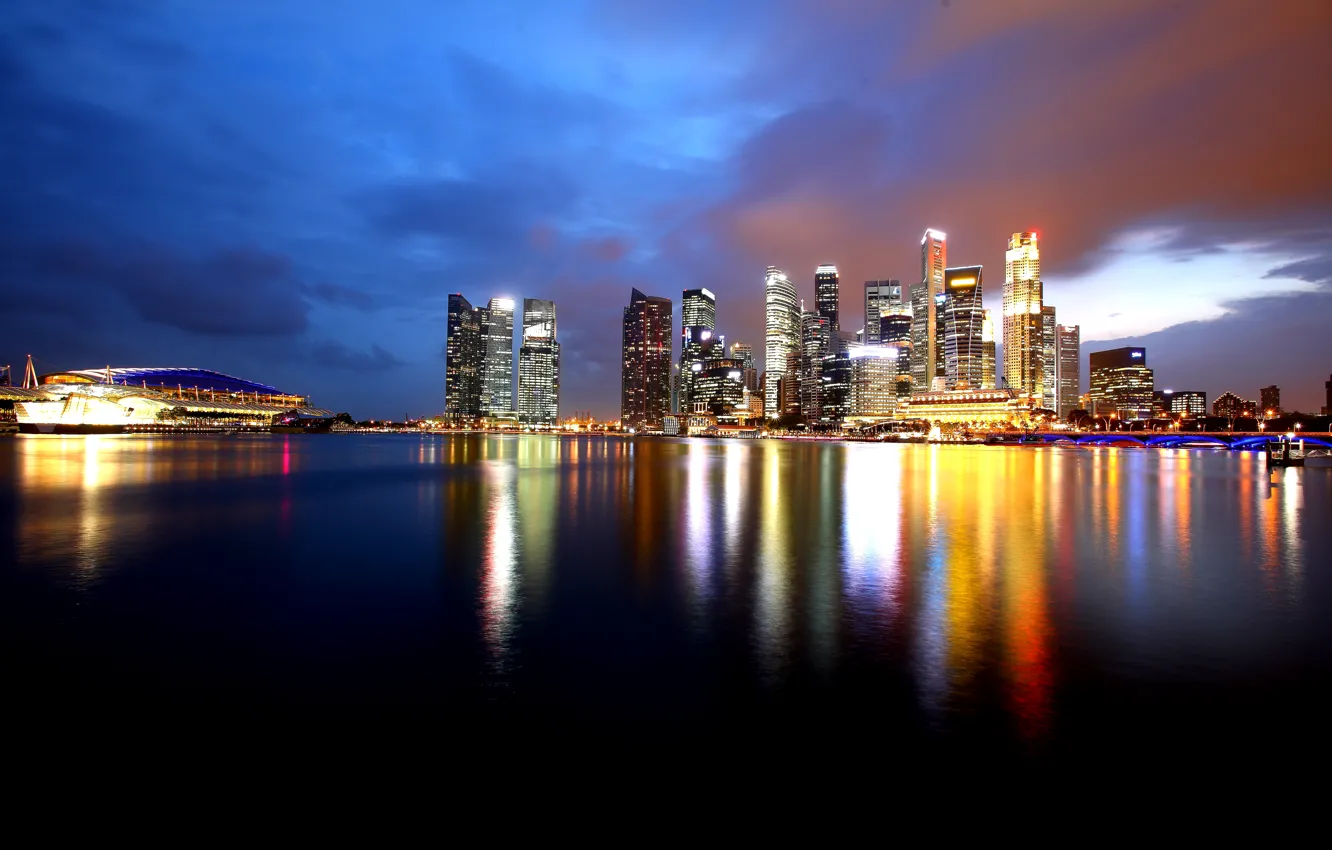 Photo wallpaper water, night, lights, reflection, coast, skyscrapers, Bay, Singapore