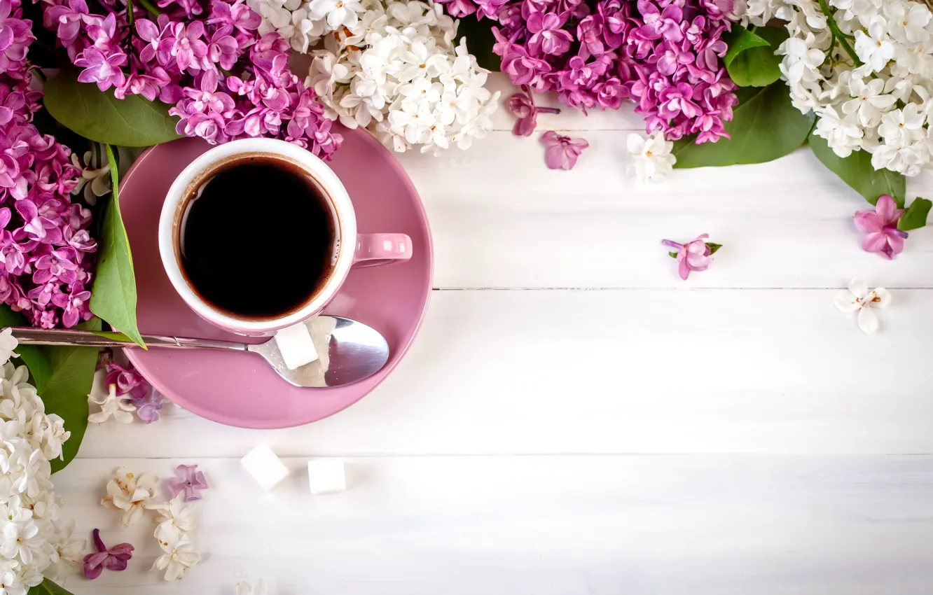 Photo wallpaper flowers, wood, flowers, lilac, coffee cup, lilac, a Cup of coffee