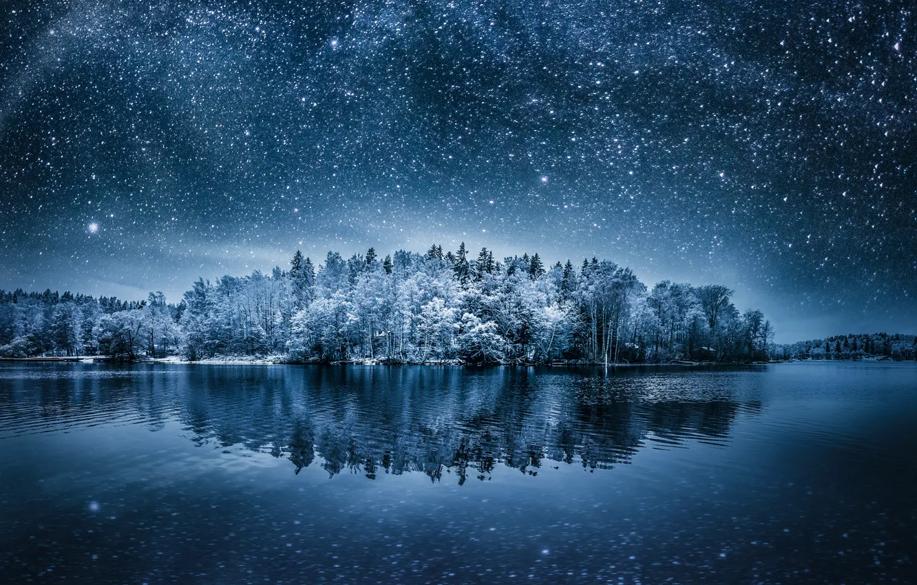Photo wallpaper the sky, trees, night, reflection, stars, Winterland