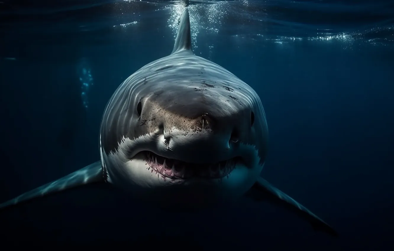 Photo wallpaper shark, underwater world, front, digital art, AI art, The Art of Artificial Intelligence, neural network