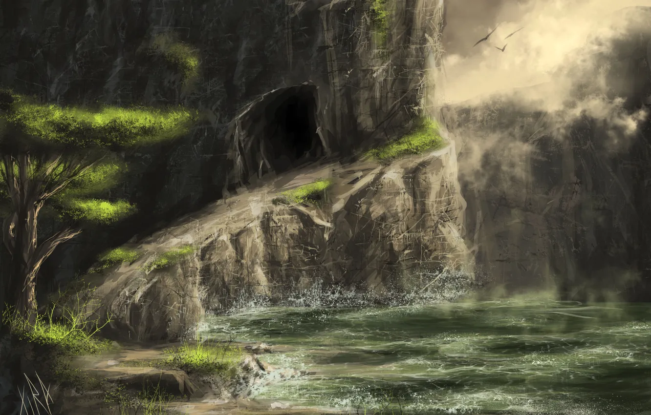 Photo wallpaper water, trees, mountains, lake, rocks, bird, trail, art