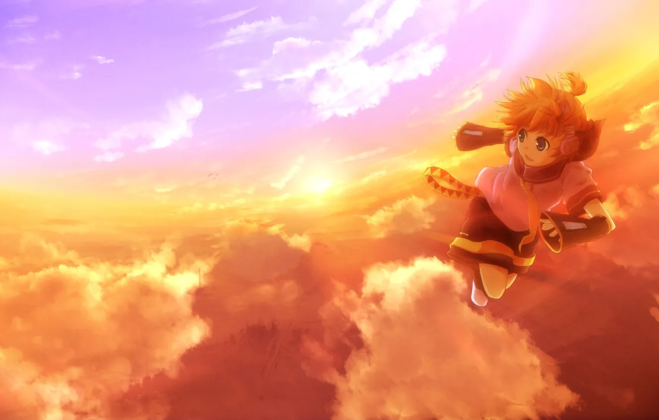 Photo wallpaper the sky, the sun, clouds, sunset, bird, horizon, outfit, kagamine len