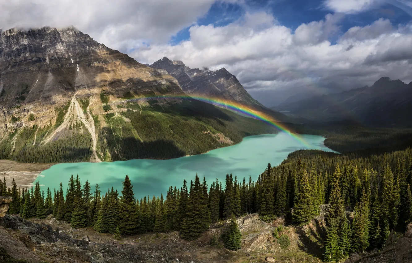 Photo wallpaper forest, trees, mountains, nature, lake, rainbow, Canada