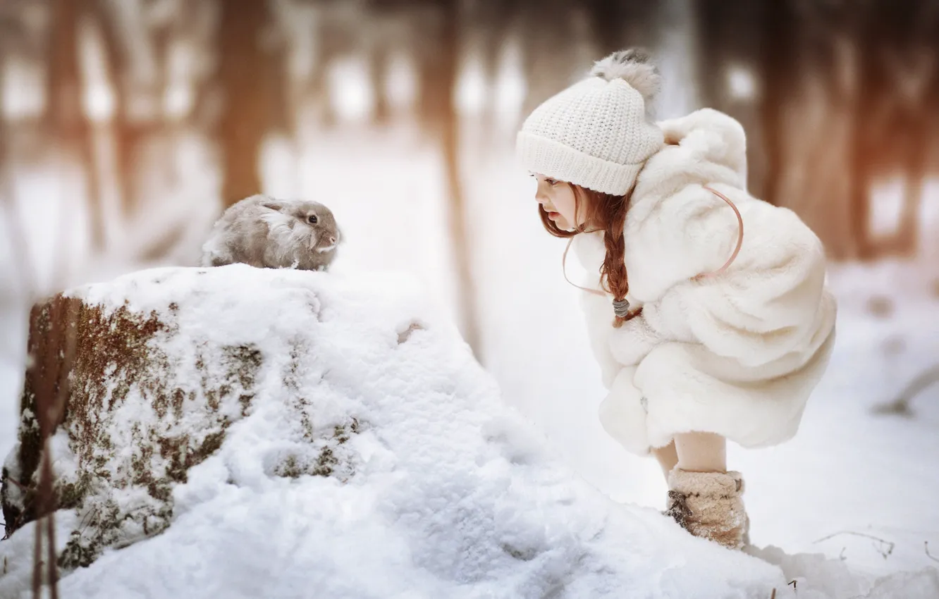 Photo wallpaper winter, snow, hat, rabbit, girl, pigtail, coat