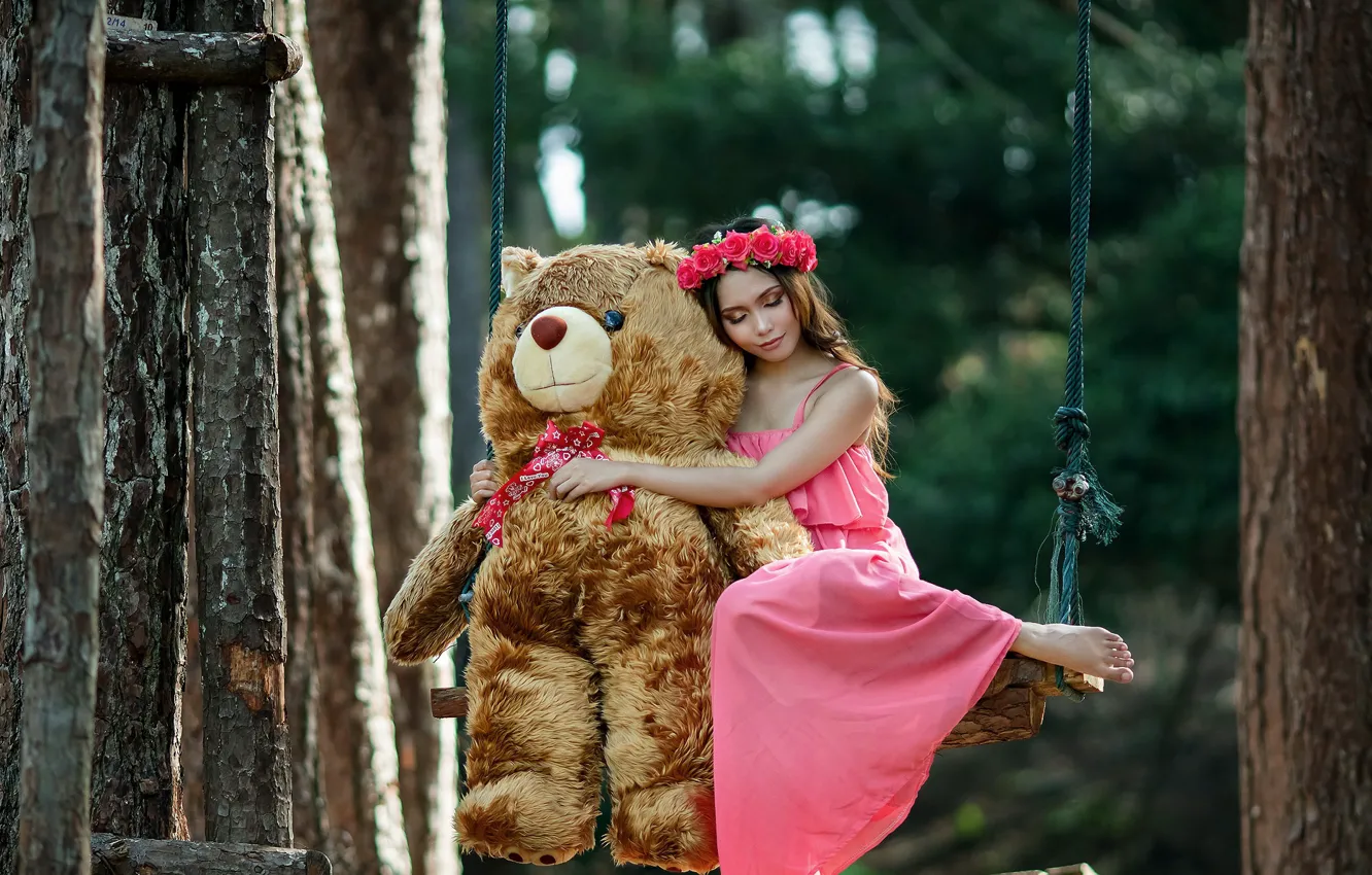 Photo wallpaper girl, swing, bear