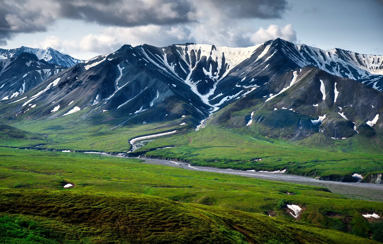 Photo wallpaper the sky, clouds, mountains, valley