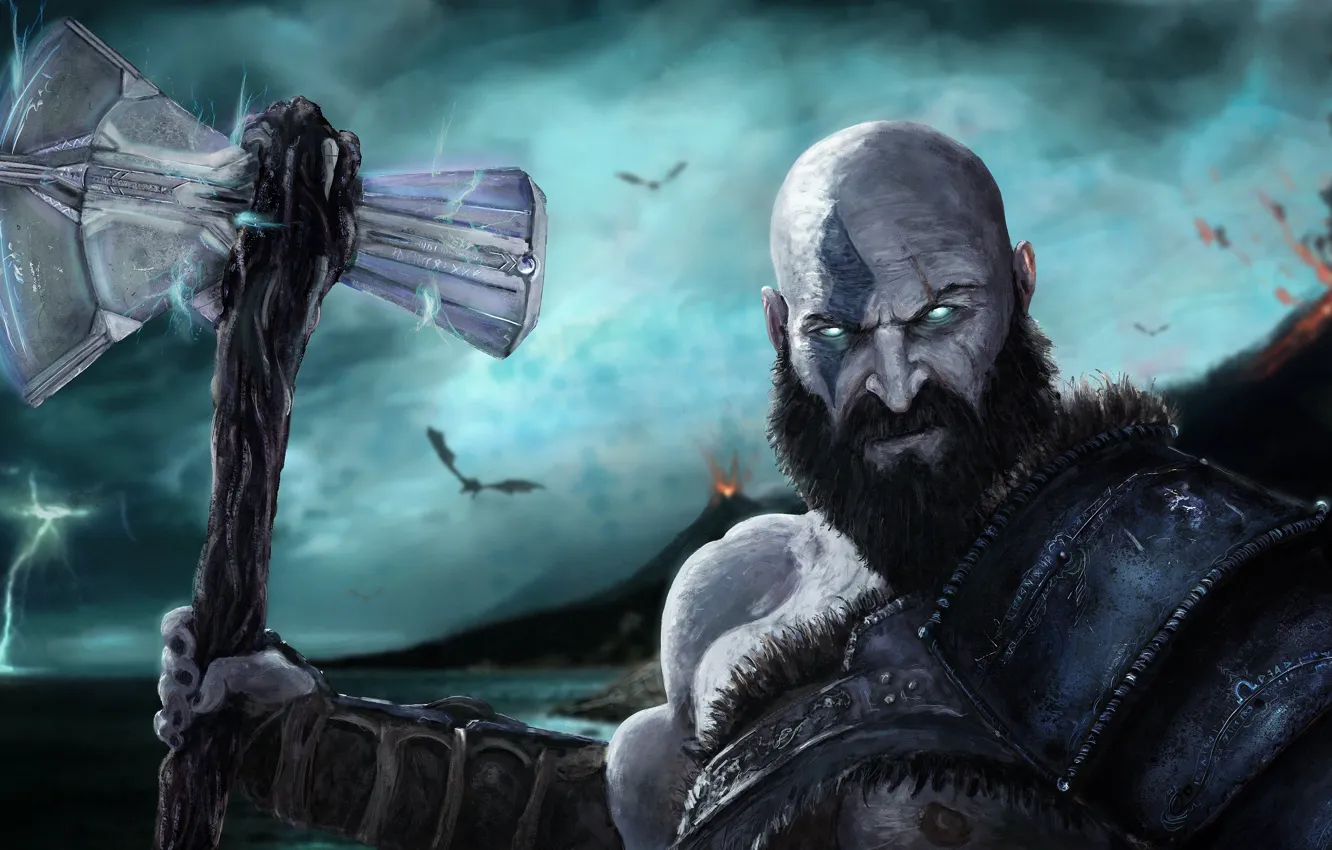 Photo wallpaper Ragnarok, weapon, Kratos, God of War, snow, man, boy, Spartan