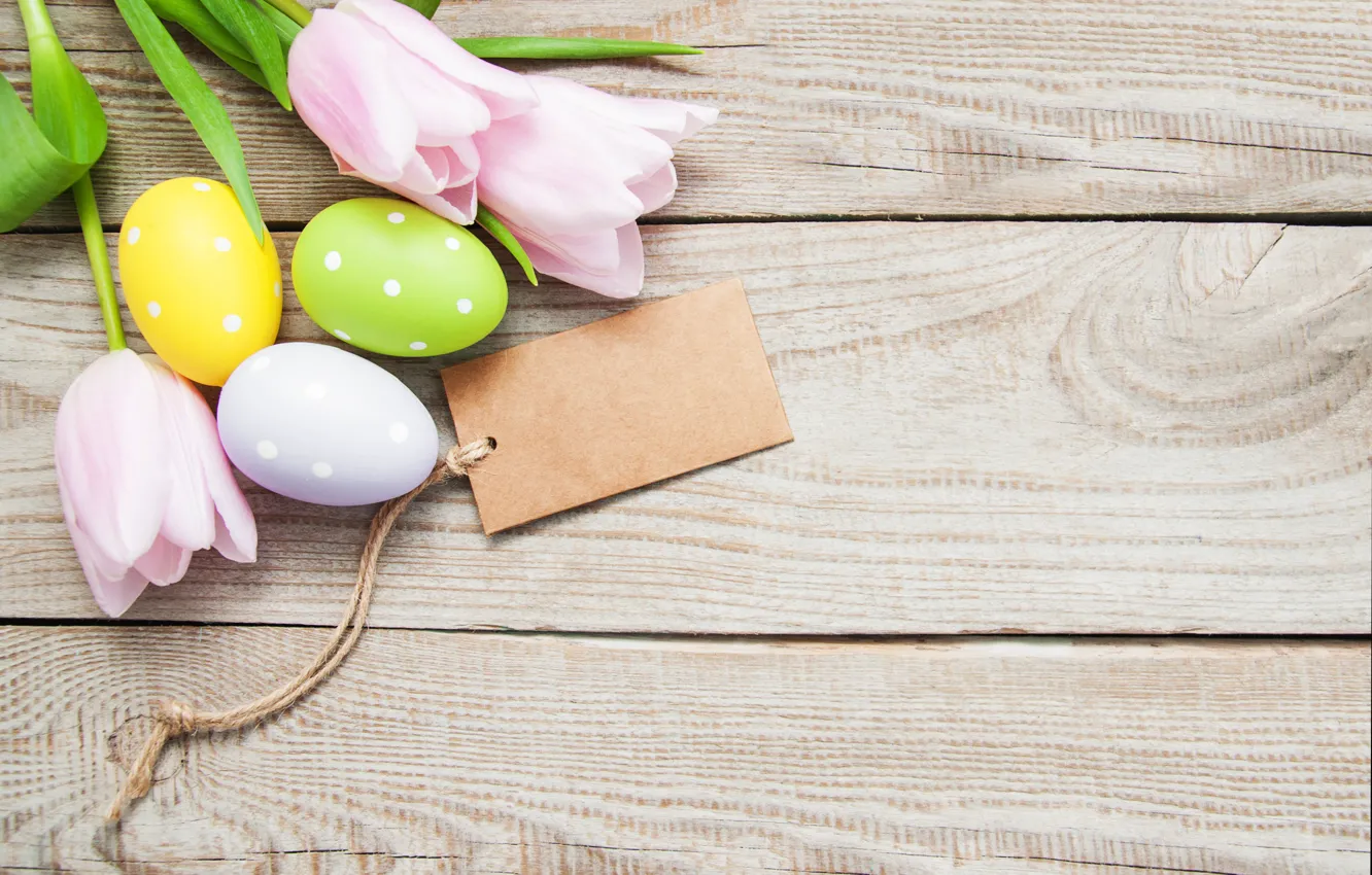 Photo wallpaper flowers, eggs, spring, colorful, Easter, tulips, happy, wood