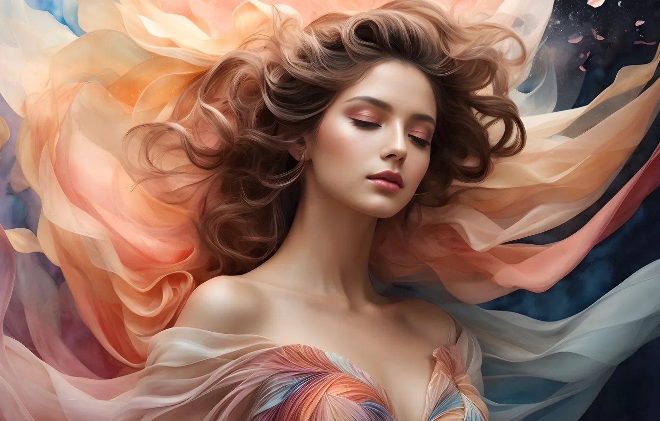 Photo wallpaper chest, girl, face, silk, dress, beauty, fabric, brown hair