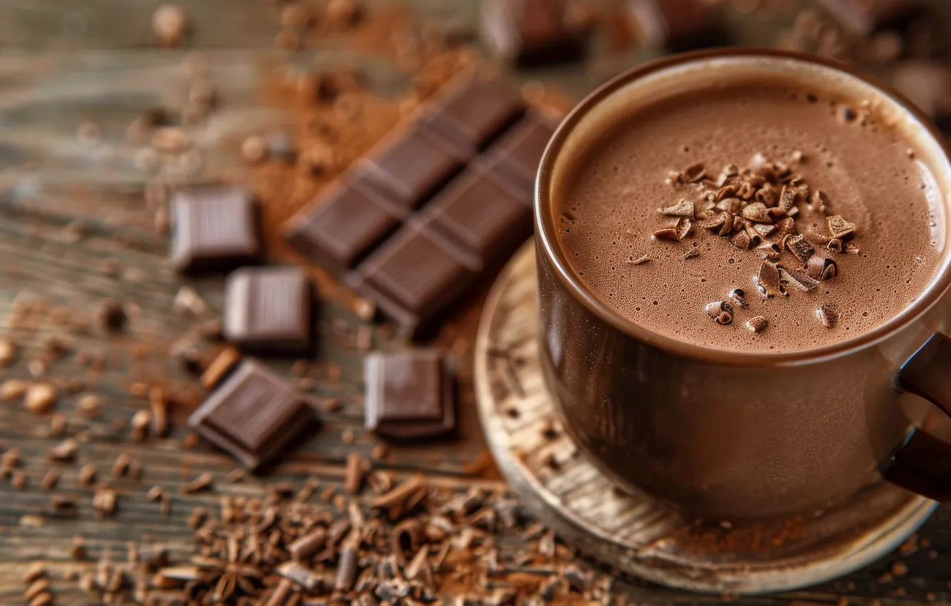 Photo wallpaper Board, chocolate, mug, chocolate, Cup, slices, blurred background, cocoa