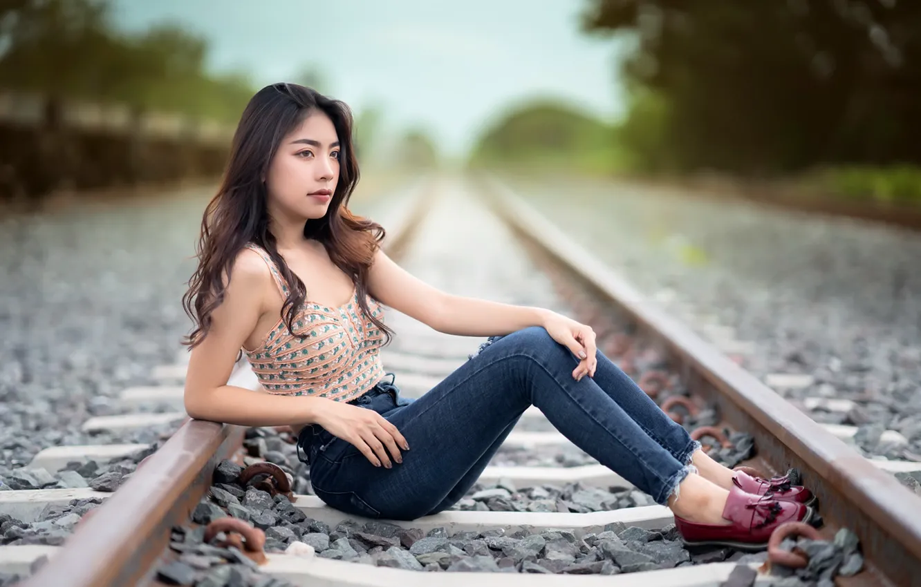 Photo wallpaper girl, railroad, Jom
