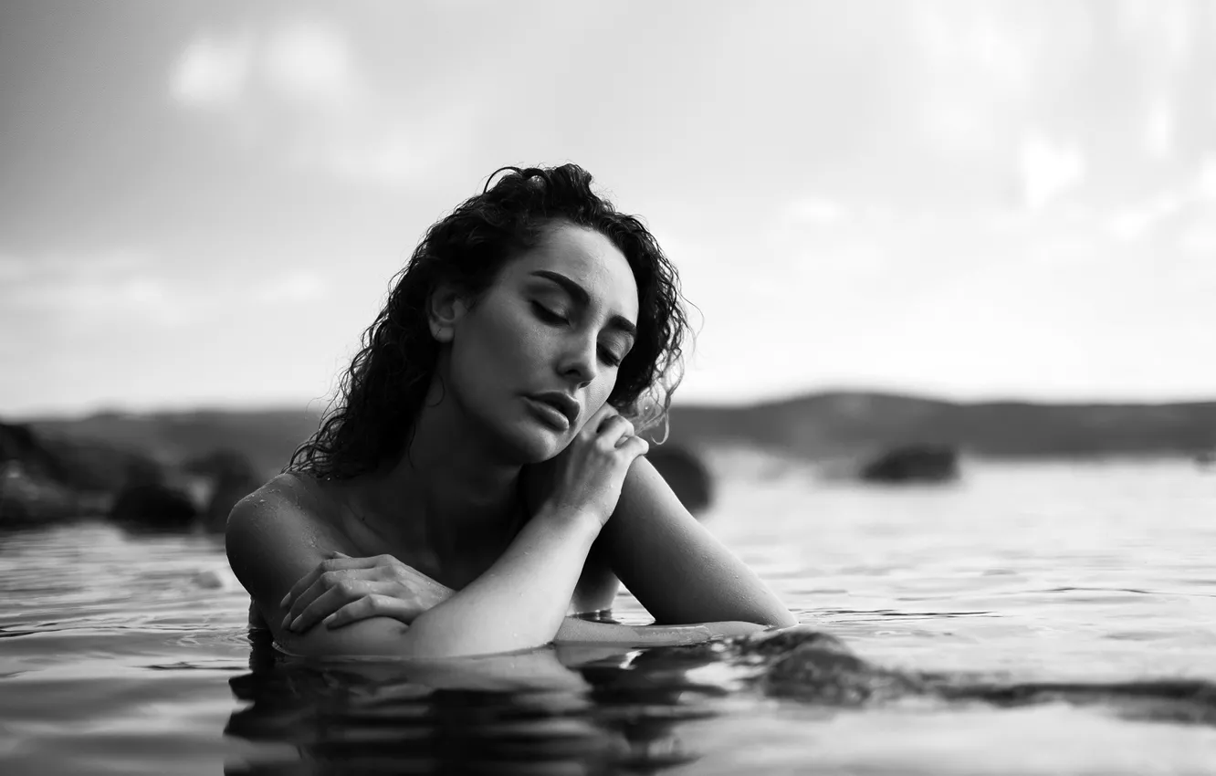 Photo wallpaper girl, landscape, pose, model, portrait, wet, makeup, hairstyle