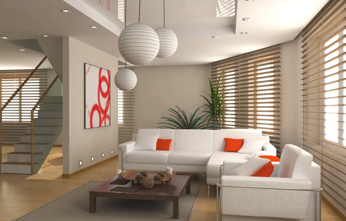 Photo wallpaper sofa, ladder, blinds, living room