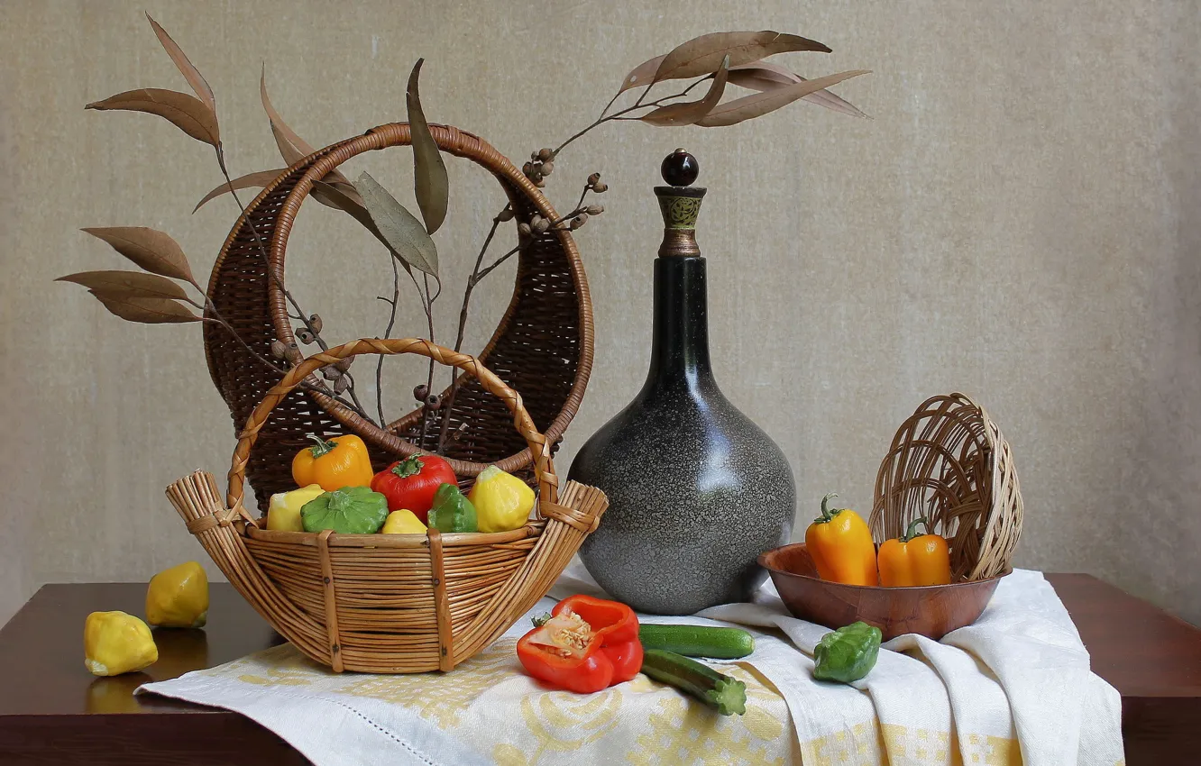 Photo wallpaper basket, pepper, still life, decanter