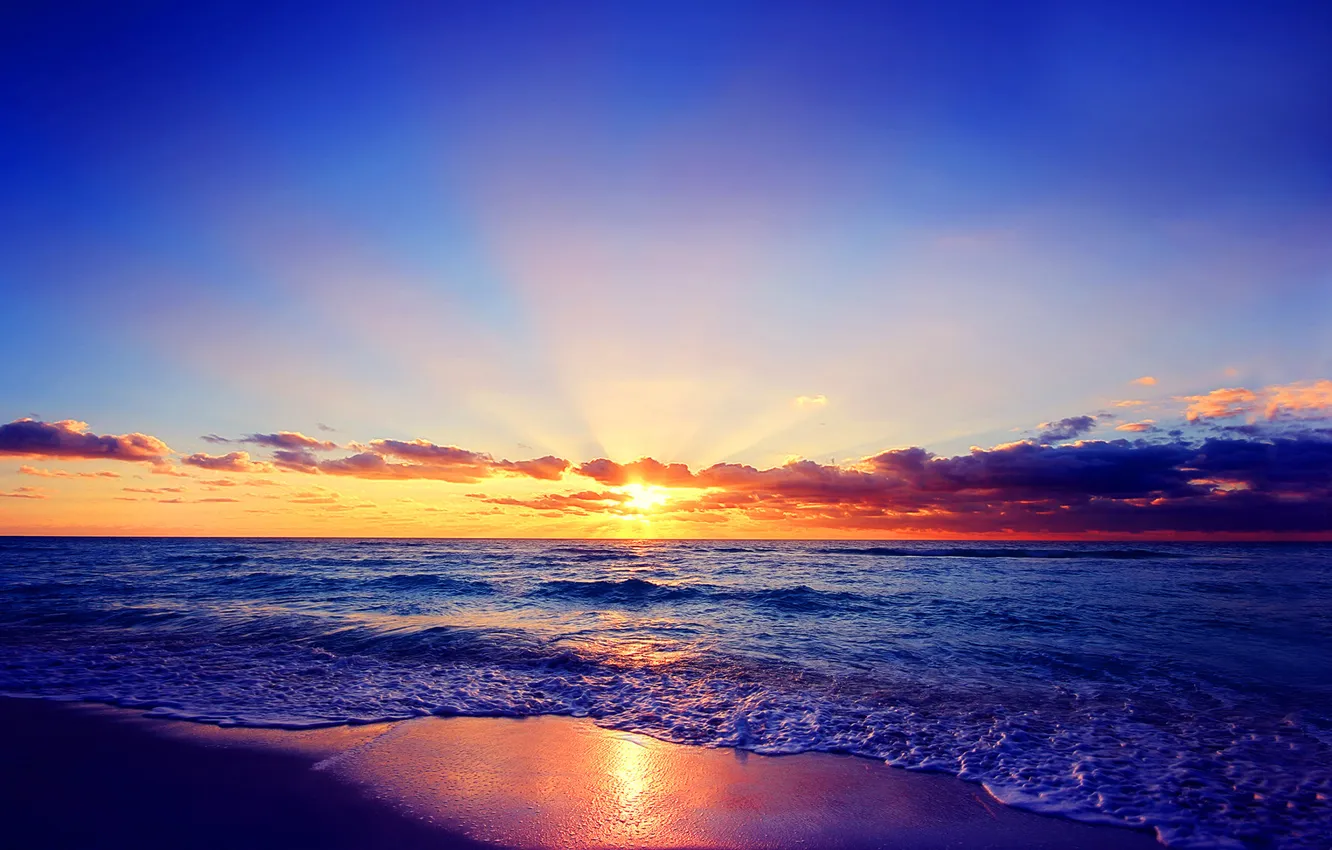 Photo wallpaper sand, wave, beach, the sky, the sun, clouds, landscape, sunset