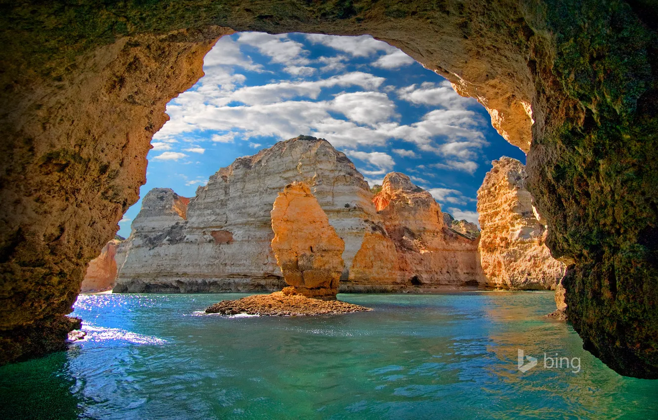 Photo wallpaper sea, the sky, clouds, rocks, arch, cave, Portugal, the grotto