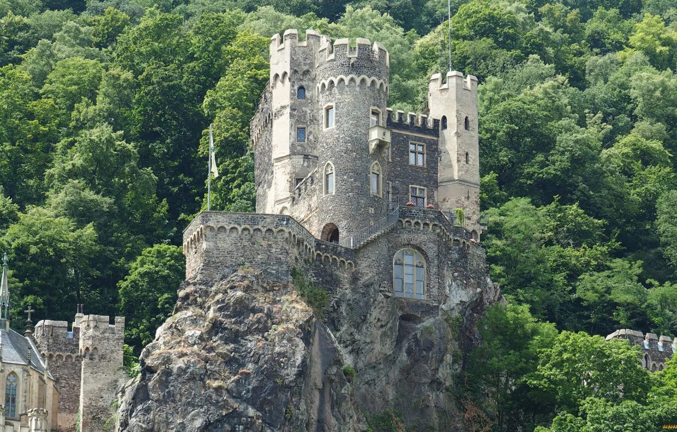 Photo wallpaper forest, rocks, ruins, castle