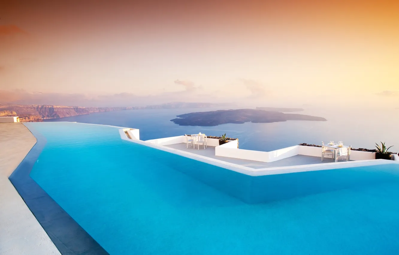 Photo wallpaper sea, Islands, mountains, the evening, pool, Santorini, Greece, chairs
