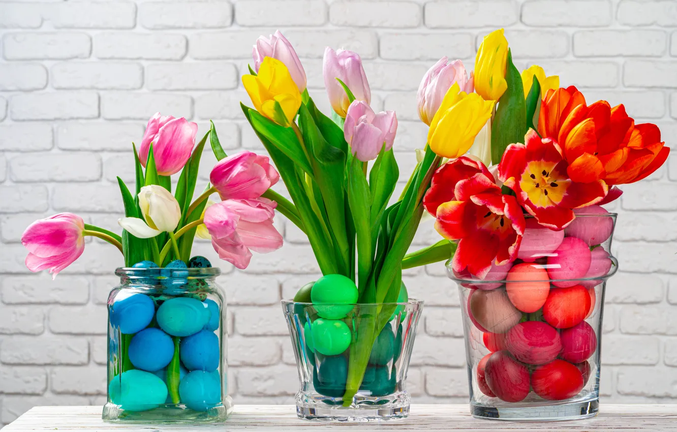 Photo wallpaper flowers, eggs, spring, colorful, Easter, tulips, pink, flowers