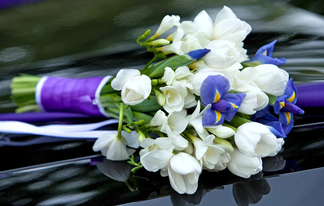Photo wallpaper flowers, bouquet, purple, crocuses, tulips, white, iris
