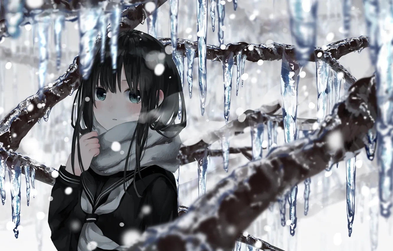 Photo wallpaper winter, icicles, girl