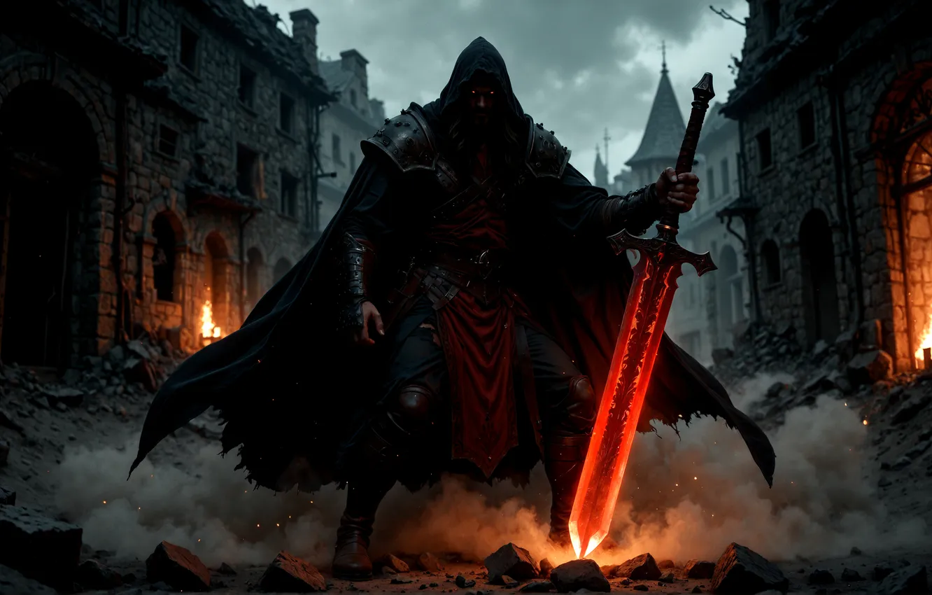 Photo wallpaper smoke, sword, armor, mystic, warrior, digital art, digital art, fantasy art