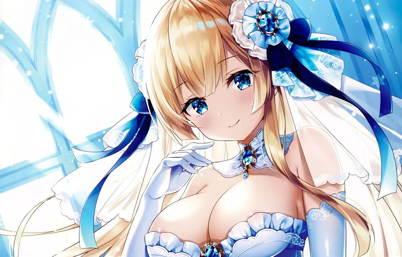 Photo wallpaper girl, sexy, cleavage, long hair, dress, boobs, anime, blue eyes
