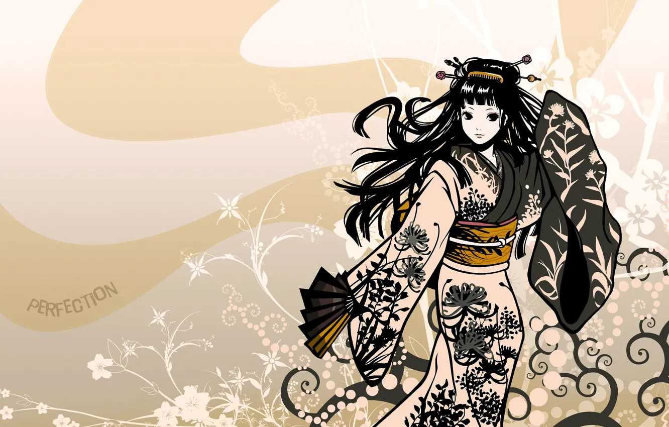 Photo wallpaper pattern, dance, fan, girl, kimono, long hair, art, Different Kamijo Is