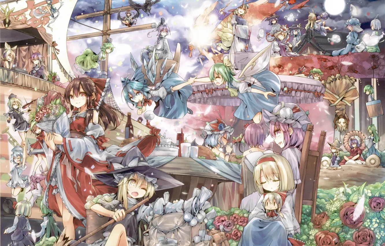 Photo wallpaper the moon, roses, wings, hat, picnic, party, long hair, art