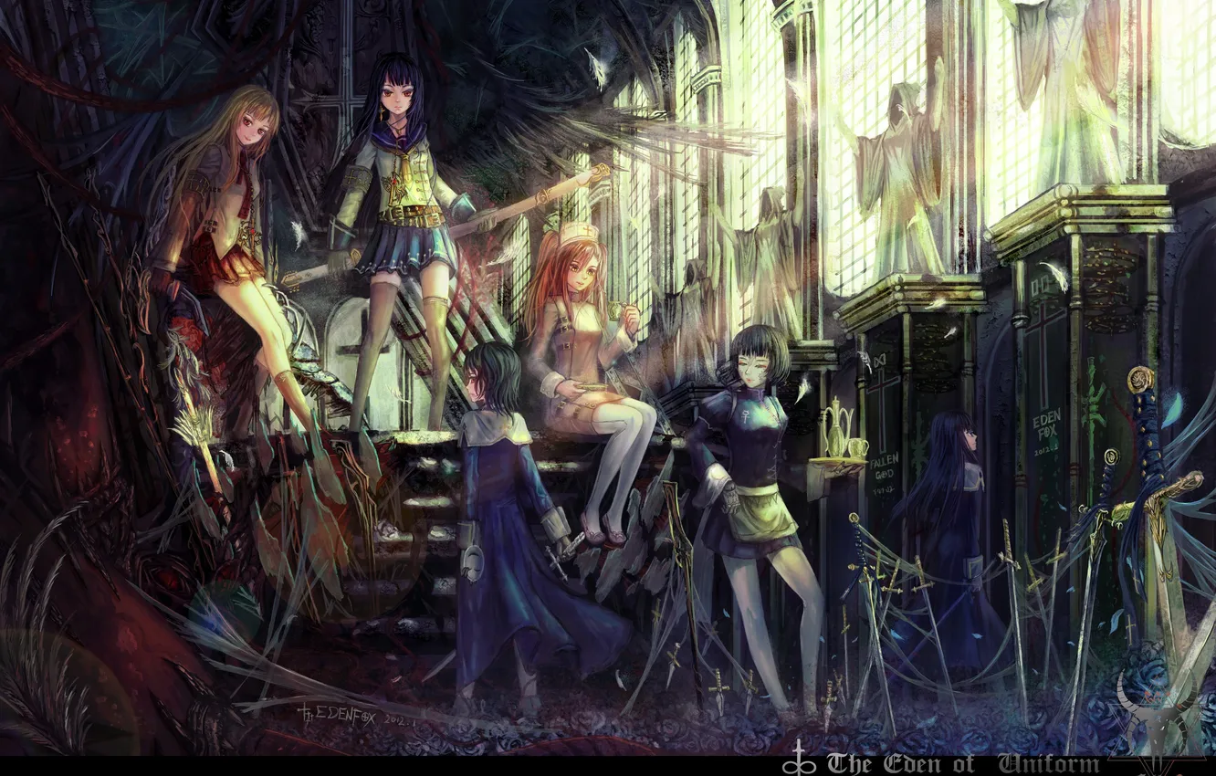 Photo wallpaper girl, weapons, wings, sword, anime, art, Cathedral, statue