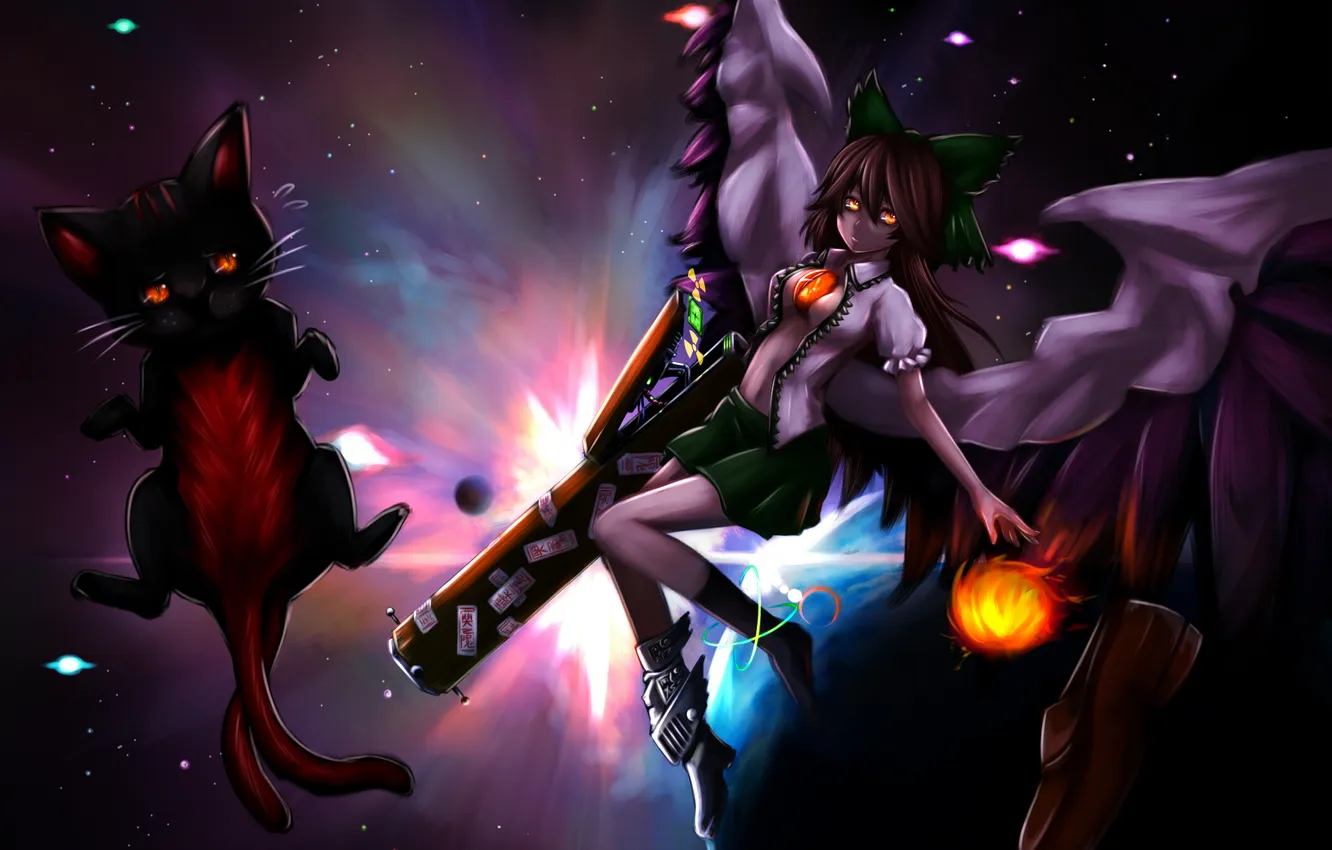 Photo wallpaper cat, space, weapons, wings, art, shoes, reiu equipment, utsuho, touhou
