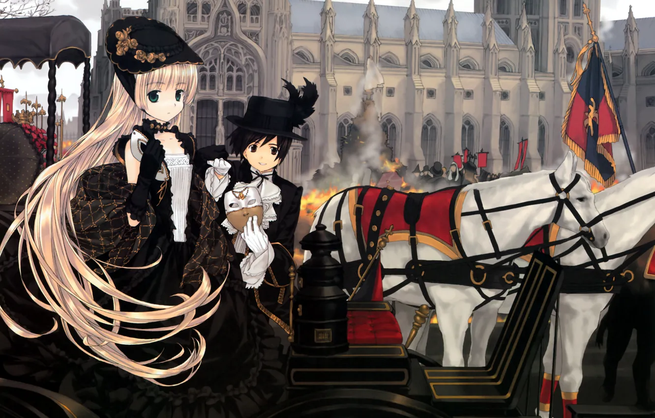 Photo wallpaper people, castle, fire, Gothic, hat, anime, flag, horse