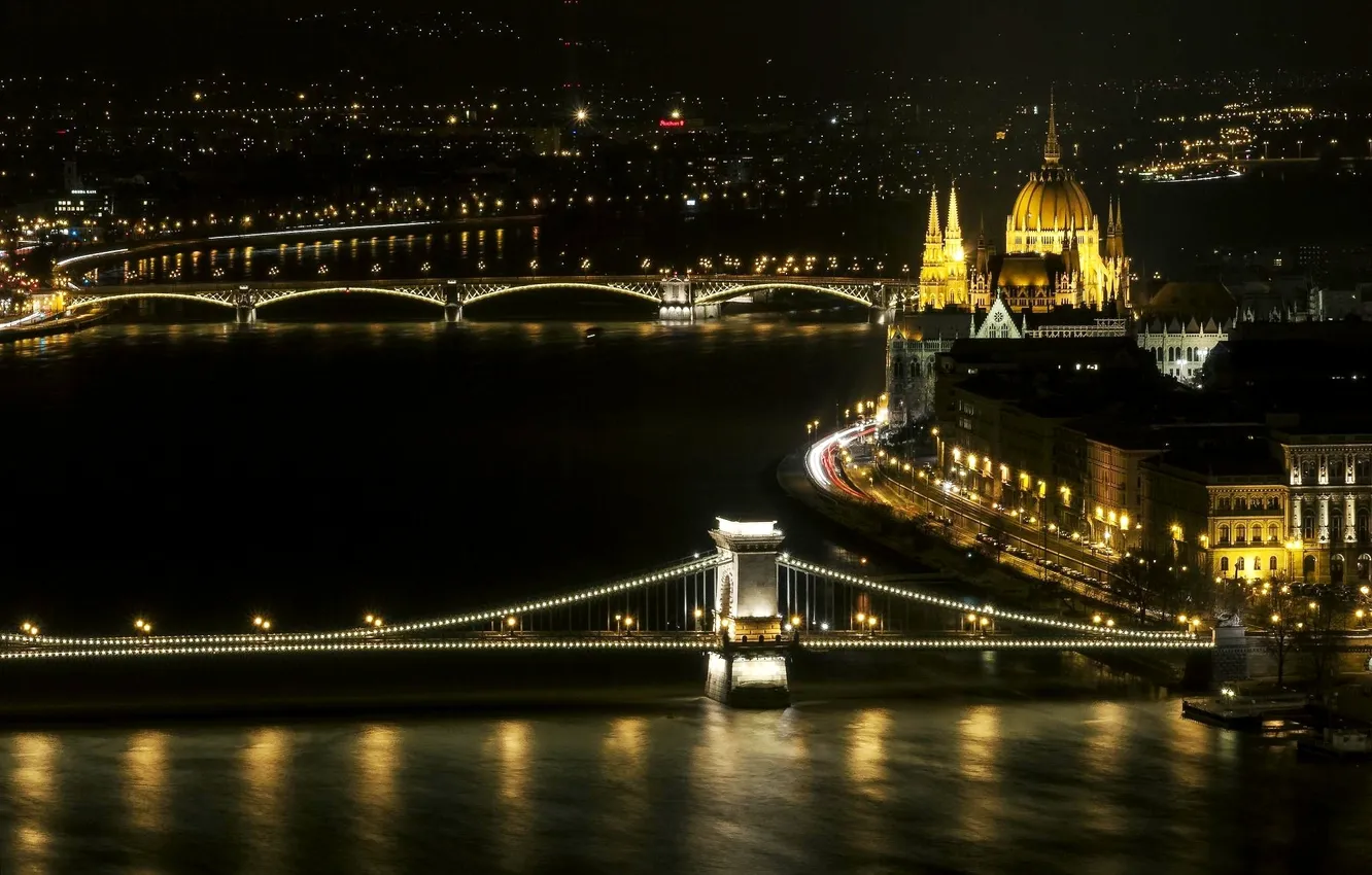 Photo wallpaper night, bridge, the city, river, building, Parliament, Hungary, Budapest