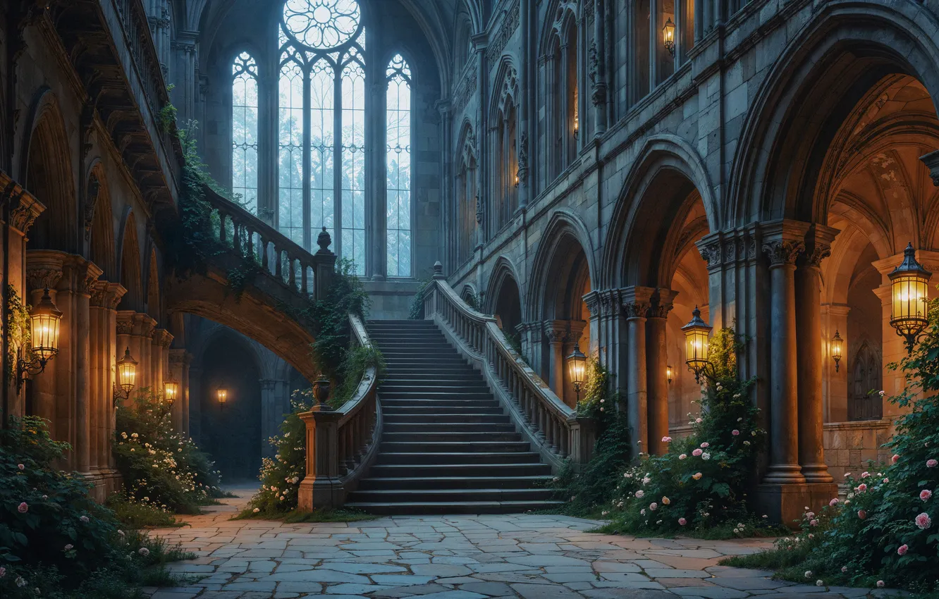 Photo wallpaper lights, castle, ladder, Palace, fabulous, castle, ancient, fairytale