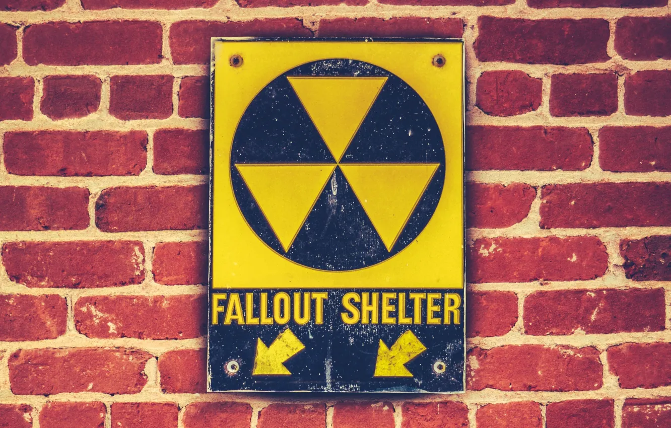 Photo wallpaper bricks, sign, fallout shelter, wall sign