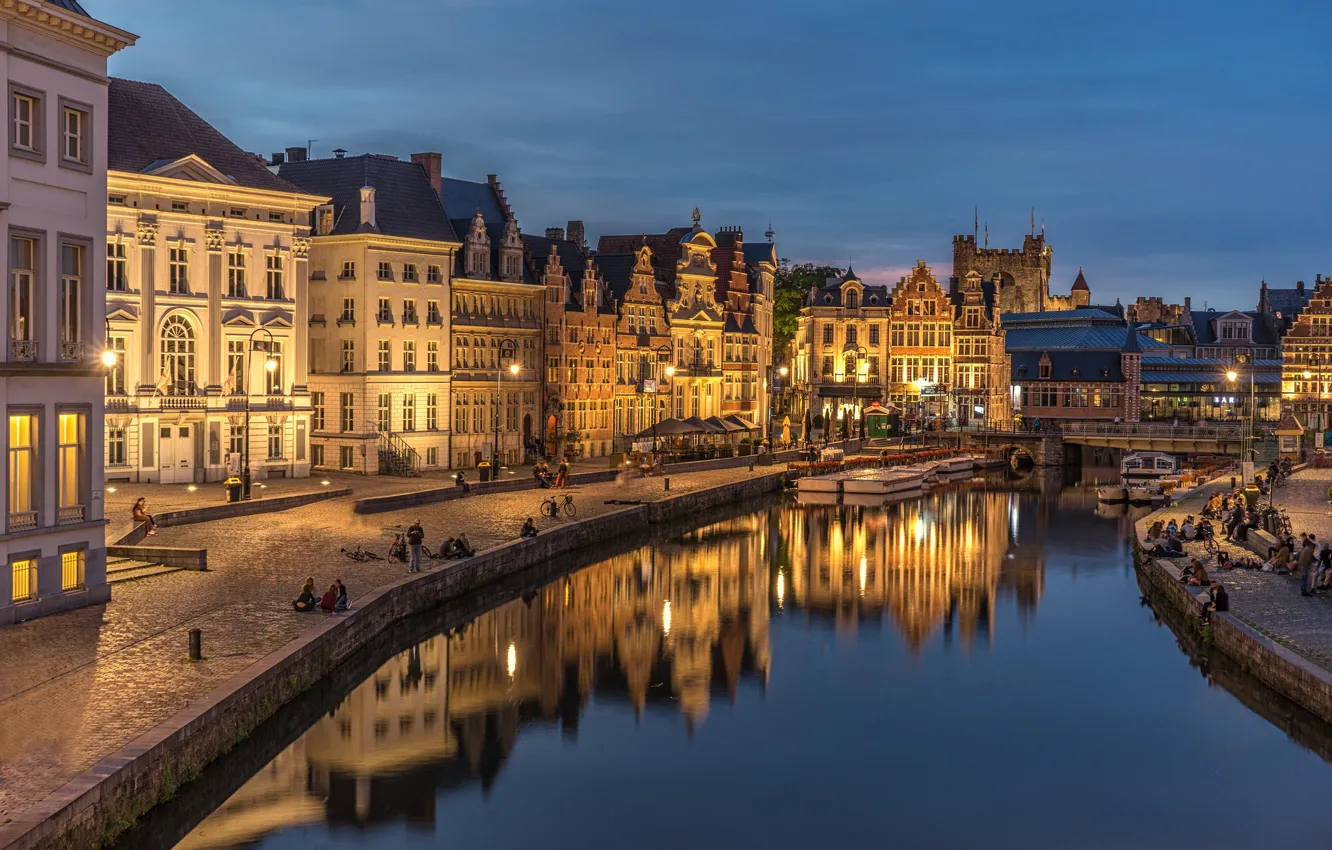 Photo wallpaper water, night, street, home, Belgium, promenade, Ghent