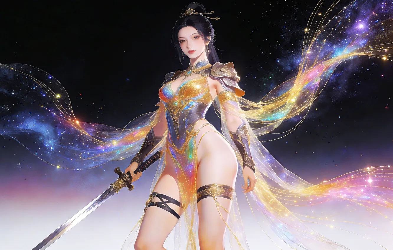 Photo wallpaper girl, sword, brunette, asian, ai art
