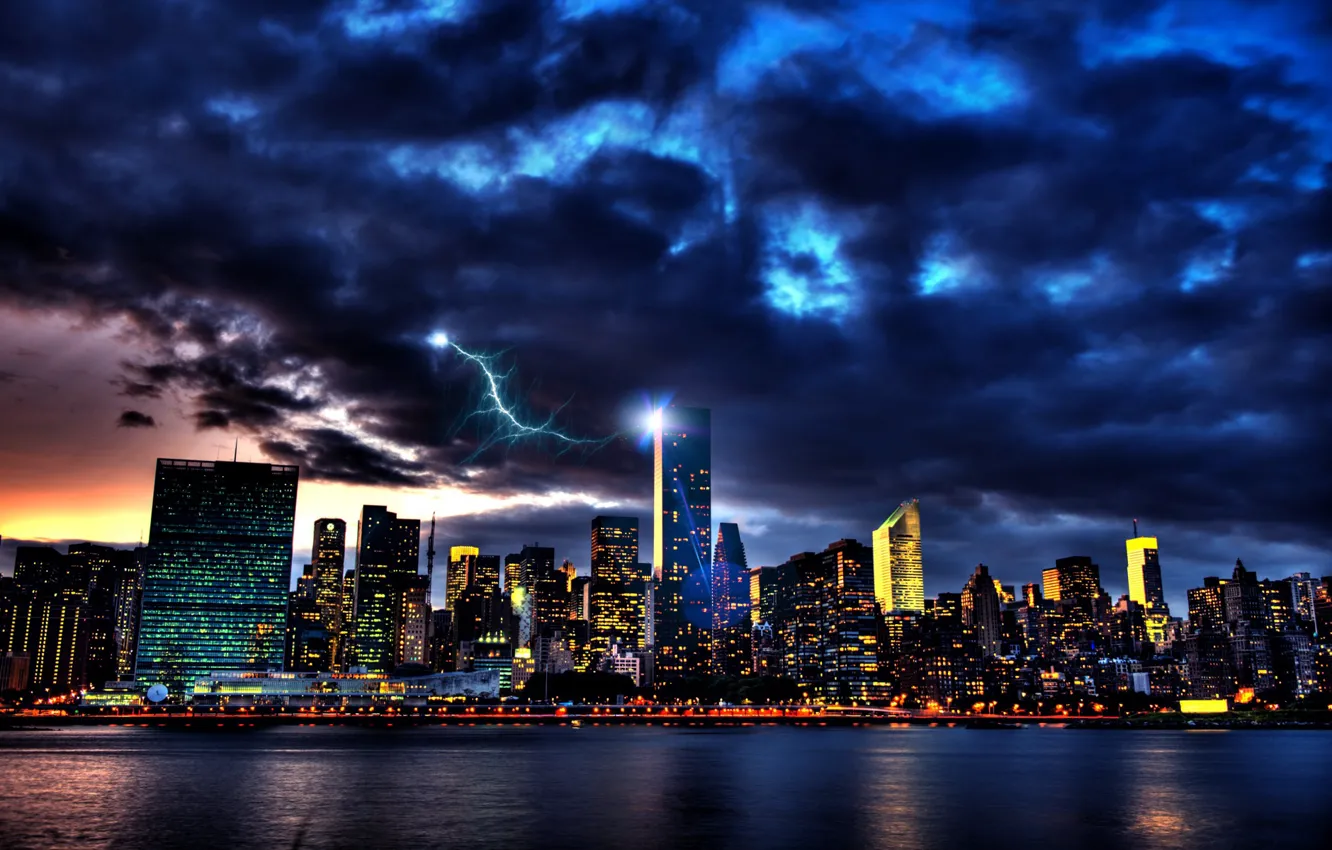 Photo wallpaper the storm, night, city, the city, lightning, flash, the evening, New York