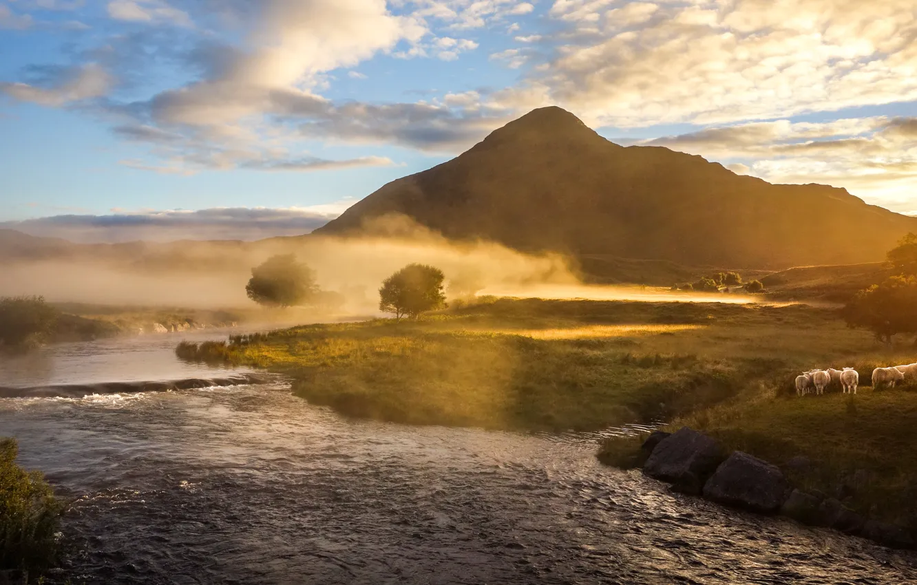 Photo wallpaper the sky, clouds, light, mountains, fog, river, dawn, shore